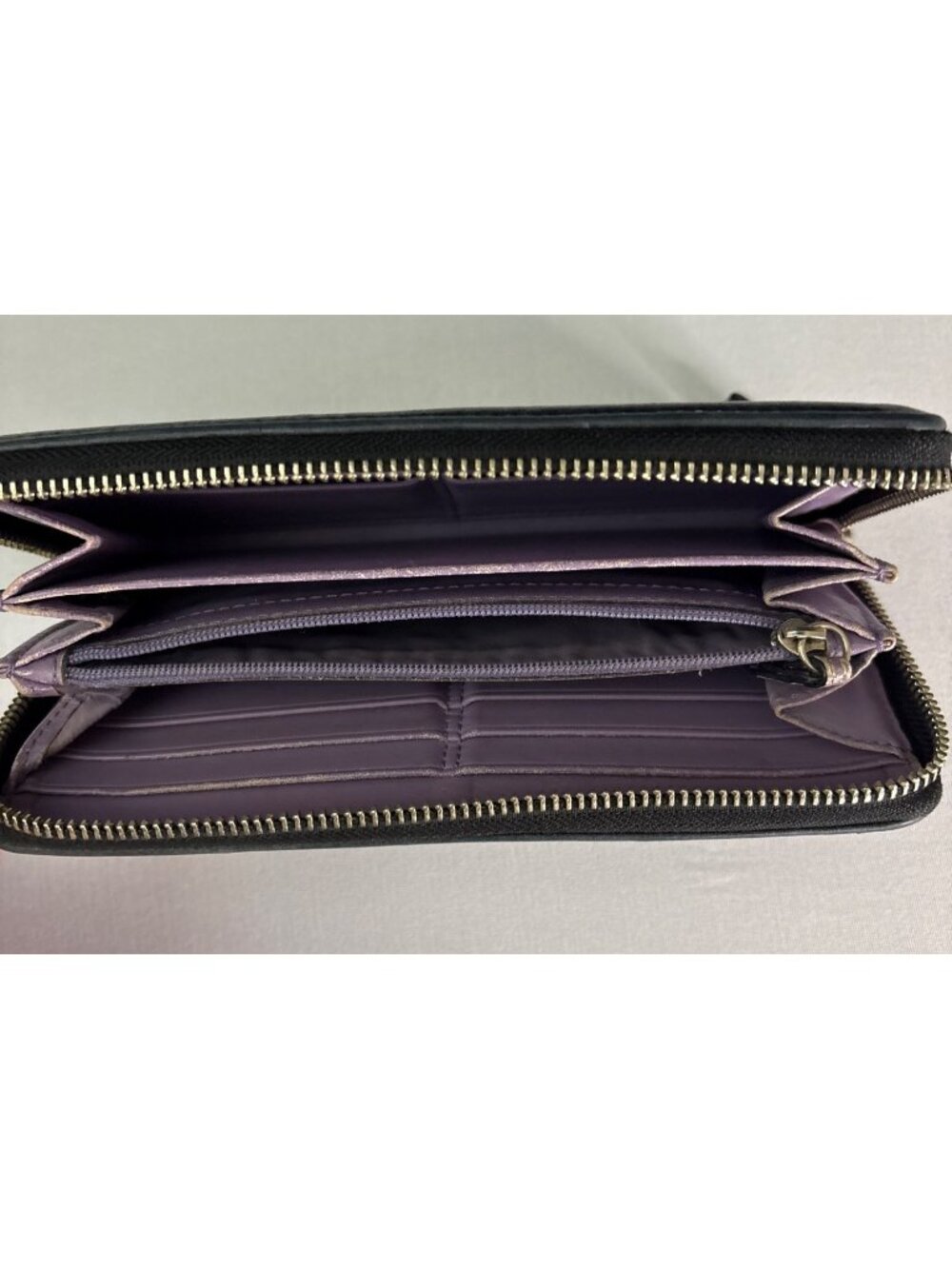 Coach Chelsea Black Pebbled Leather Accordion Zip Wallet Purple Interior Vintage - Picture 6 of 13